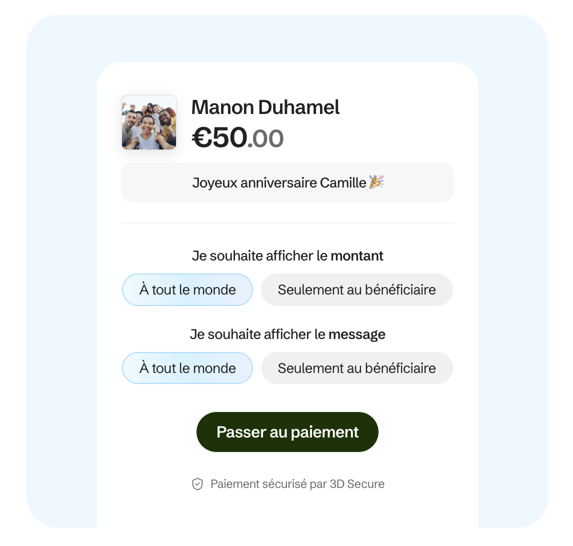 Memorable.me: contribute to a pot without an account, with a photo and a message