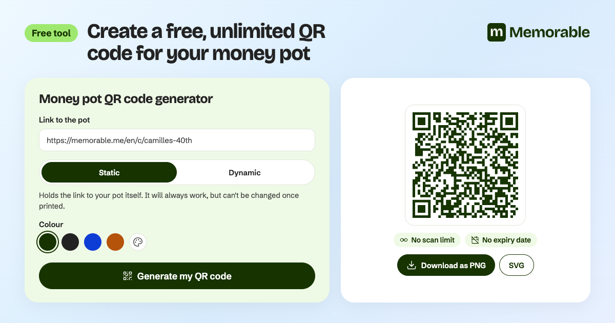Memorable.me: free, unlimited QR code generator to share a money pot