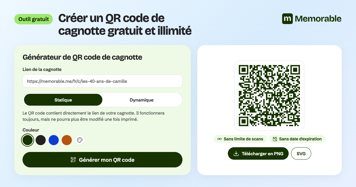Memorable.me : générateur de QR code gratuit et illimité pour partager une cagnotte