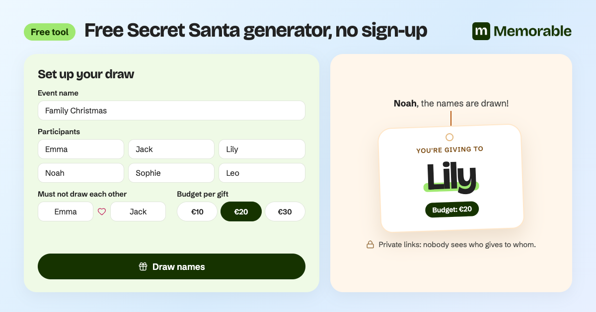 Memorable.me: free Secret Santa generator, no sign-up